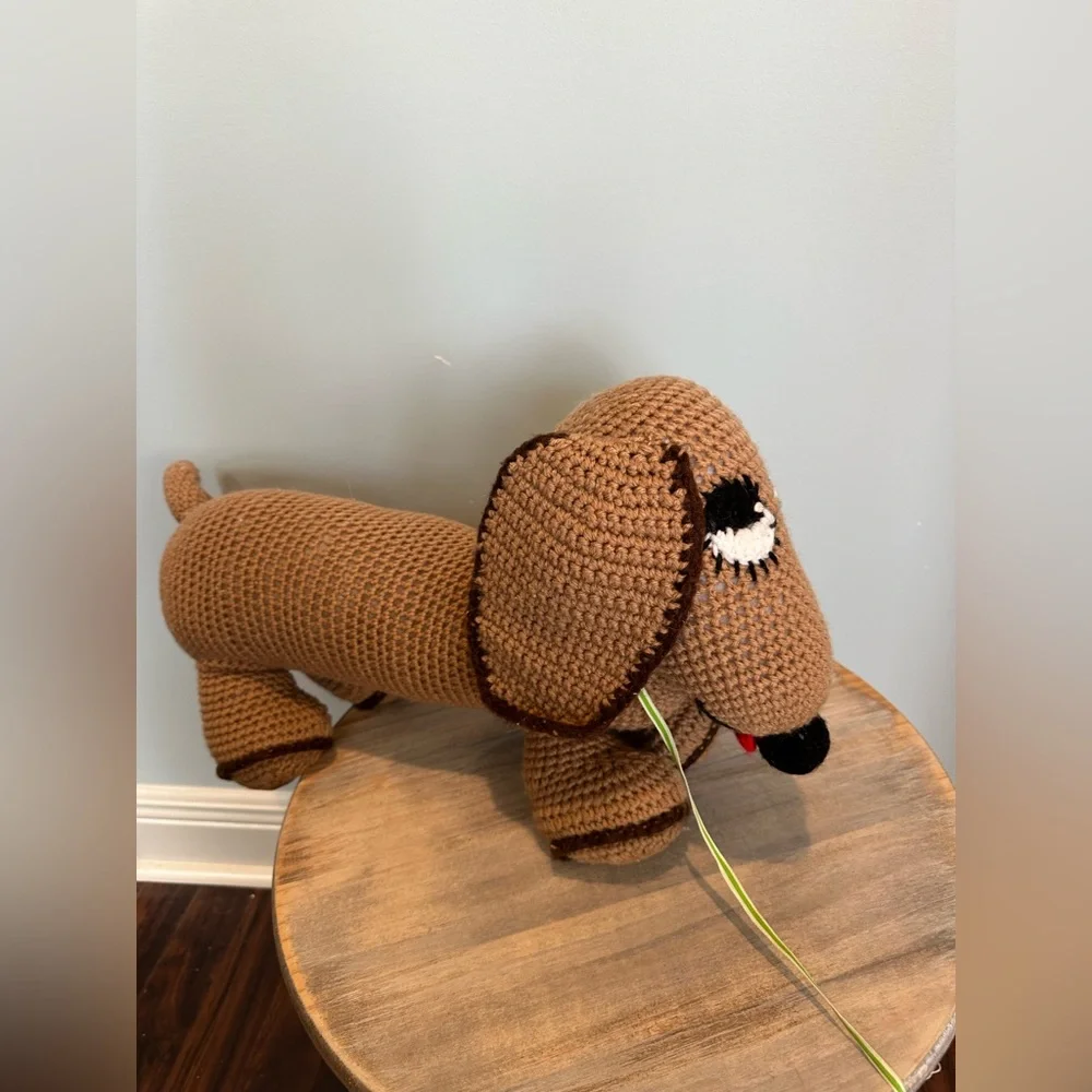 Handmade dachshund Holiday brown and black weenie dog with red collar crochet
